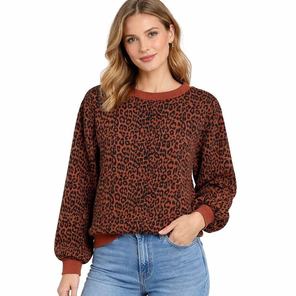 LOFT Shirt Womens Small Brown Leopard Print Crew Neck Long Sleeve Knit Top